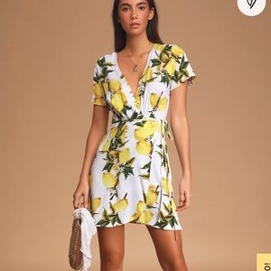 White and Yellow Lemon Print Wrap Dress